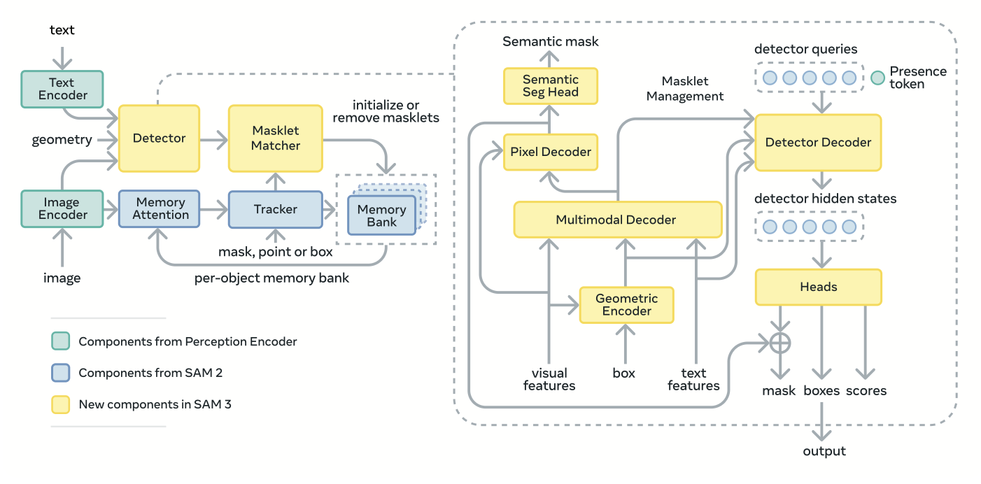 SAM3 Image Architecture showing Image Segmentation, Box Detection Components along with Video Tracking Modules